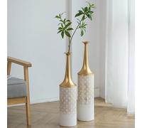 Sziqiqi Blanco Alto Jarrones Suelo Set - 66/60cm Extra Grande Floreros Vintage Metal Suelo Jarrones para Pampa Artificiales Flores Ramitas Rusticos Estrecho Cuello Jarrón para Salon Dormitorio