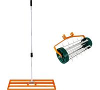 SET Nivelador de Césped 100x32cm + Aireador Manual Rodante de Césped 42cm ancho (Púas 3.8cm) | NARANJA | Acero | Mango Extensible 1.15-1.9m | Aluminio | Jardinería Paisajismo Cultivo Exteriores