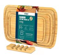 Tabla de Cortar Cocina Bambu: YISH Multifuncional Wooden Chopping Board Set Tabla Cortar de Bambú de Madera Antibacteriana Profesional con Soporte -juego de 3 piezas- 25x16cm & 33x20cm & 38x25cm