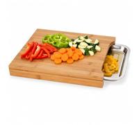 Tabla de cortar de bambú con bandeja de acero inoxidable 35 x 25 cm - Madera de bambú duradera, ideal para cortar carne, verduras, pan y queso, diseño elegante y moderno para tu cocina