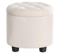 Taburete - Asiento redondo de terciopelo / Reposapiés - Con espacio de almacenamiento - 45x45x44,5 cm - Capacidad de carga de hasta 150 kg - Requiere montaje - Color crema