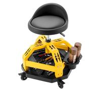 Taburete con ruedas para taller, con altura ajustable de 500 a 650 mm, giro de 360°, capacidad de 150 kg, taburete con respaldo para trabajos en garaje o mecánica, con bandeja para herramientas, asien