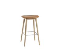 Taburete de Bar de Fibra con Base de Madera Tapizado en Cuero Coñac/roble Al. 76 cm