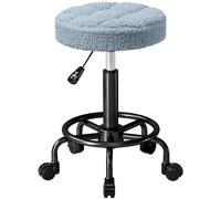 Taburete Giratorio Redondo Taburete con Ruedas Altura Regulable 50-66 cm Asiento Tapizado en Tejido de Borreguito Azul Caqui