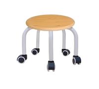 Taburete rodante de baja altura con 5 ruedas, asiento redondo, grano de madera, base de metal, perfecto para oficina en casa o gimnasio, color negro y blanco