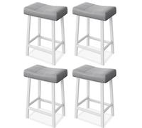 Taburetes altos de bar sin respaldo, set de 4 - Asiento tipo montura en cuero PU, base metálica, fácil montaje, ideales para isla de cocina o bar - Blanco + cojín gris, 24 pulgadas - 4 piezas