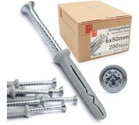 Taco de golpe 6,0 x 50 mm 200 uds, tacos con tornillo de acero galvanizado, tacos para pladur y hormigón, anclaje pared y montaje rápido con clavo metálico profesional, Lun Fix