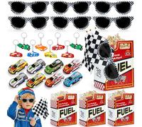 Tacobear Autos de Carreras Artículos de Fiesta Cumpleaños 40 Piezas con Caja de Regalo Gafas de Sol a Cuadros Bandera Llavero Juguete de Fricción Coche para Infantil Niño Relleno Piñatas de Cumpleaños