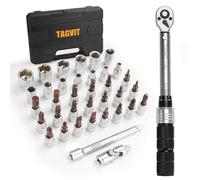TAGVIT Llave Dinamométrica 1/4", Precisión ±3%, 5-25 Nm Llaves Dinamométricas Kit con Barra de Extensión, Vasos, Torx para Bicicleta MTB Moto