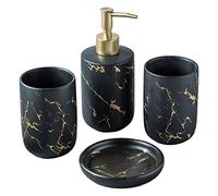 TAIZhiChen Juego de Accesorios para Baño Jabón Líquido Porta Cepillos Vaso de Cerámica con Diseño Mármol Decorativo Adecuado para Casa Particular Hotel Oficina, Negro 4Pcs, Individual