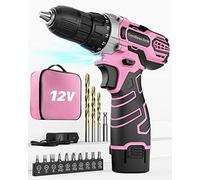 Taladro Atornillador 12V, Rosado Destornillador Electrico Batería, Baterías Litio 2.0Ah, 2 Velocidades, 18+1 Ajuste de Par, LED Luz, 15 Accesorios y Bolsa, Taladro Inalámbrico para Reparación y DIY