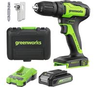 Taladro atornillador a batería Greenworks 24 V, 35 Nm, motor sin escobillas, 18 niveles de par, portabrocas de 13 mm, caja de cambios de 2 velocidades, in atería de 2 Ah y cargador, maletín