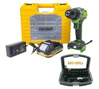 Taladro atornillador a batería Procraft PA18Pro2-1B-C 20 V 30 Nm sin escobillas + 1 batería de 2,0 Ah + cargador + juego de 13 puntas + maletín