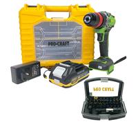 Taladro atornillador a batería Procraft PA18ProDFR2-1B-C 20 V 30 Nm sin escobillas + 1 batería 2,0 Ah + cargador + juego de 13 puntas + maletín