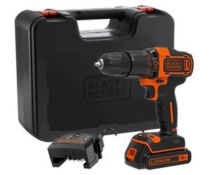 Taladro atornillador a percusión inalámbrico BLACK + DECKER BDCHD18K, 18V, batería de iones de litio de 1,5 Ah. Incluye cargador y maletín