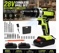 Taladro Atornillador Inalámbrico de 28V, 48Nm, 2 Velocidades 0-350/1350RPM, 2 Baterías de 1300mAh, Kit de Herramientas de 24 Piezas para Madera, Metal y Bricolaje en el Hogar Green 2 Battery