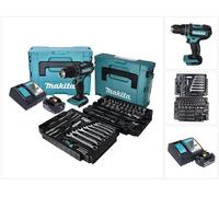 Taladro de percusión inalámbrico Makita DHP 482 RF1J 18 V + juego de accesorios 120 piezas + 1x batería recargable 3,0 Ah + cargador + Makpac