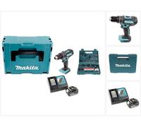Taladro percutor con batería Makita DHP 482 RF1J 18 V 62 Nm en Makpac + batería de 3,0 Ah + cargador + juego de brocas y puntas de 100 piezas