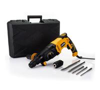 Taladro Percutor Eléctrico JCB SDS Plus 1500W, perforación, impacto y cincelado, mango antivibración, cambio rápido, incluye taladros y cinceles, estuche resistente.