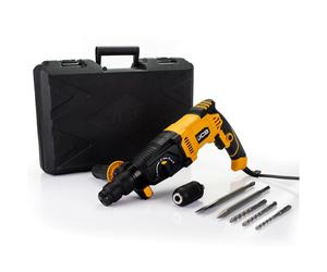 Taladro Percutor Eléctrico JCB SDS Plus 1500W, perforación, impacto y cincelado, mango antivibración, cambio rápido, incluye taladros y cinceles, estuche resistente.