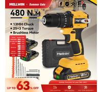 Taladro percutor eléctrico sin escobillas MELLWIN 480N.M con ajuste de torque 25+3, herramienta multiratallador inalámbrica para batería Makita de 18V. 2xBattery Set A