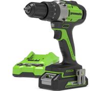 Taladro percutor Greenworks de 24V, sin escobillas, con un par de 60 Nm. El kit incluye: 1 batería de 2Ah, 1 cargador de 2A y 1 bolsa de transporte