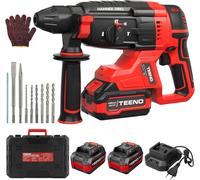 Taladro percutor TEENO de 20V, motor sin escobillas, 2.6J de energía de impacto, 1500 RPM y 4850 golpes por minuto, sistema SDS-Plus, incluye 2 baterías de 4.0Ah y un cargador rápido, 3 funciones, sis