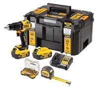 DeWalt Taladro percutor y atornillador XR 18V – 2 baterías 5.0Ah, cargador, cinta 5m, maletín
