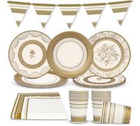 Talking Tables Paquete de decoraciones para fiestas en blanco y dorado para 16 invitados Navidad té banderines reversibles para fiestas platos de papel servilletas desechables vasos de papel