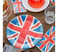 Talking Tables Platos de la bandera británica | Servilletas desechables de papel real británico King Charles Coronation Suministros para fiestas | Decoraciones de mesa rojas, blancas y azules, Gran