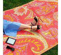 Talking Tables Alfombra Tejida Impermeable para Exterior, 180 x 120 cm, Rosa y Amarillo | Alfombrilla de plástico Ligera con Estampado de Cachemira | para jardín, Patio, terraza, baño, Picnic