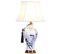 TAMYUSE Lámpara de Mesa de cerámica Jingdezhen Azul clásica, Pantalla de Campana de pájaro y Flores para luz de Tarro de Jengibre, lámpara de cerámica Oriental Grande, Regalo de bendición de la casa