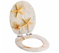 Tapa de inodoro de 2 piezas con cierre amortiguado de MDF con estrella de | Diseño estrellas de mar, bisagras cromo-zinc ajustables, apertura 28x24 cm, altura 5 cm, universal