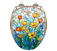 Tapa de inodoro larga con decoración floral de vidrio coloreado