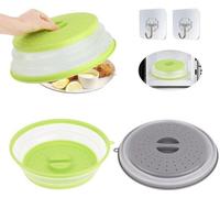 Tapas para microondas plegables Unyqoos® de 26,5 cm – Juego de 2 unidades fabricadas en PP+TPR, libres de BPA, con orificios de ventilación y ganchos, color gris/verde, ideales para frutas y verduras