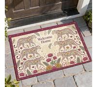 Tapete de bienvenida con diseño de leopardo, flores artísticas bohemias, sin hojas, color crema, lavable, de perfil bajo, decoración de entrada para porche delantero, baño, oficina, 29 x 17 pulgadas