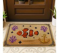 Tapete de bienvenida con diseño de pez payaso, anclas de coral náutico, color naranja, verano, lavable, perfil bajo, decoración al aire libre para puerta delantera, entrada, patio, 29 x 17 pulgadas