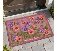 Tapete de bienvenida para puerta de pensamiento, diseño floral de helecho natural, trébol de primavera violeta, antideslizante, atrapasuciedad, decoración al aire libre para puerta delantera, entrada
