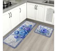 Tapetes de cocina florales azules para piso, elegantes tapetes suaves con diseño de peonía, acolchados con resortes, cómodos, lavables para fregaderos de cocina, lavadero, baño, 2 unidades