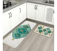 Tapetes de cocina florales verde azulado para suelo, elegantes tapetes geométricos vintage suaves, acolchados con resortes, cómodos, lavables para fregaderos de cocina, lavadero, baño, 2 unidades