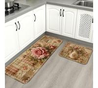 Tapetes de cocina florales vintage para piso, tapetes suaves con patrón de rosas antiguas, acolchados con resortes, cómodos, lavables para fregaderos de cocina, lavadero, baño, 2 unidades