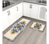 Tapetes de cocina florales vintage para piso, tapetes suaves de flores azules y amarillas, acolchados con resortes, cómodos, lavables para fregaderos de cocina, lavadero, baño, 2 unidades