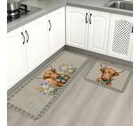 Tapetes de cocina rústicos florales para suelo, diseño de vaca de las tierras altas, tapetes suaves, acolchados con resortes, cómodos, lavables para fregaderos de cocina, lavadero, baño, 2 unidades