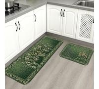 Tapetes de cocina vintage con diseño floral verde para piso, tapetes suaves con diseño botánico, acolchados con resortes, cómodos, lavables, para fregaderos de cocina, lavadero, baño, 2 unidades