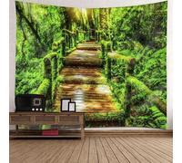 Tapiz grande, adornos de pared de tela, escalones de madera, bosque natural, juego de tapices de color verde, 260x240 cm