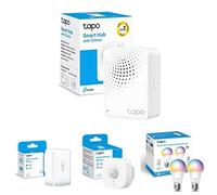 Tapo H100 - Paquete de concentrador inteligente + sensor de contacto T110 + sensor de movimiento T100 + paquete de 2 bombillas inteligentes multicolores L530E