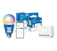 Tapo L535E - Bombillas inteligentes, Multicolor 1055 lúmenes de alto brillo, 2500-6500k regulable, Compatible con Matter, Alexa y Google + Tapo S110E - Módulo interruptor inteligente Wi-Fi + Bluetooth