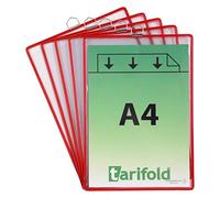 TARIFOLD 154503, Pack de 5 Fundas Bolsas A4 porta-anuncios y documentos con anilla metálica para colgar, PVC color Rojo