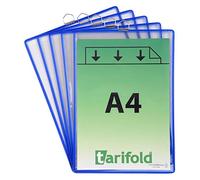 Tarifold Es 154501- Pack de 5 Fundas Bolsas A4 porta-anuncios y documentos con anilla metálica para colgar, PVC marco color Azul