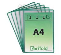 TARIFOLD Es 154505 - Pack de 5 Fundas Bolsas A4 porta-anuncios y documentos con anilla metálica para colgar, PVC marco resistente en acero, color Verde